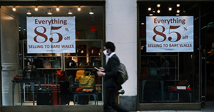 Signs advertise a sale in a New York City business on October 15, 2020 in New York City. 