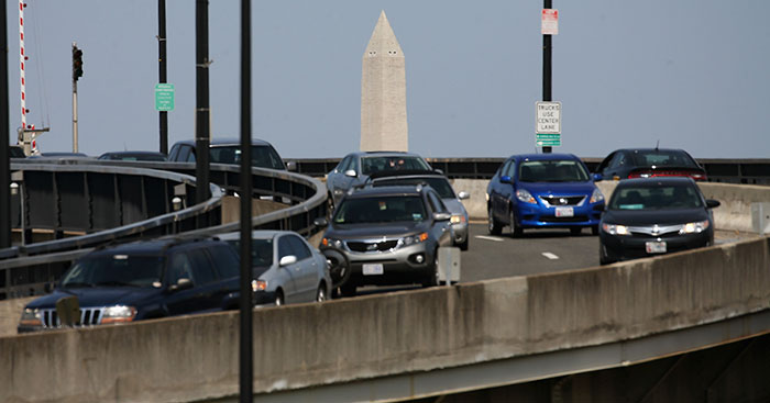 he Washington Monument can be seen as traffic travels over the Frederick Douglass Memorial Bridge also known as the South Capitol Street bridge in Washington, DC.