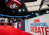 People mingle in the CNN Spin Room ahead of a CNN Presidential Debate