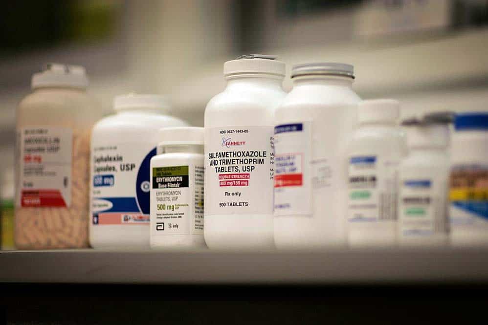 Bottles of antibiotics line a shelf