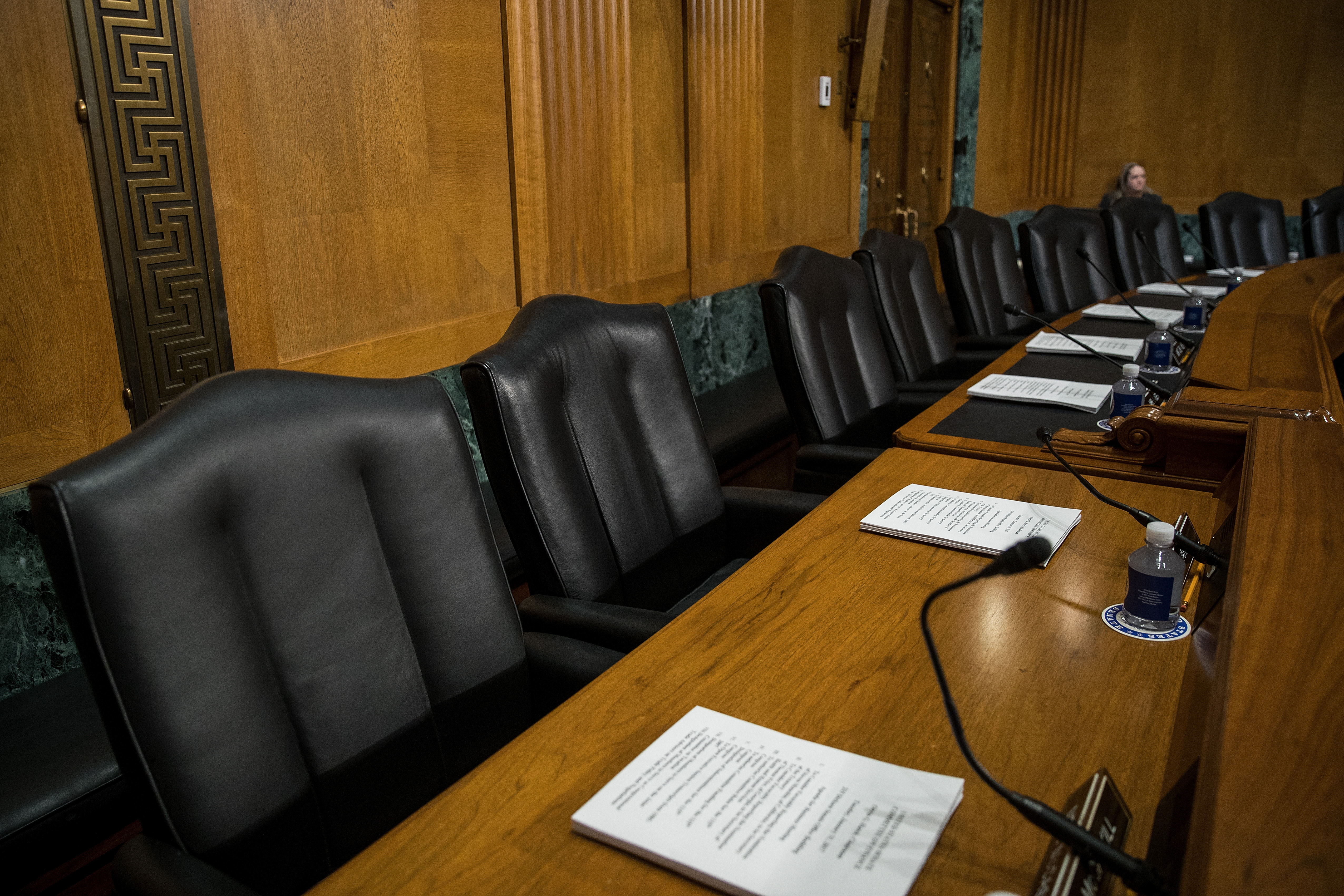 WASHINGTON, DC - JANUARY 31: A view of empty Democrat seats during a meeting of the Senate Finance Committee to vote on the nominations of cabinet nominees Tom Price and Steve Mnuchin, on Capitol Hill, January 31, 2017 in Washington, DC. Senate Democrats on the committee did not show up for the meeting and are boycotting Mnuchin and Price committee votes. (Photo by Drew Angerer/Getty Images)