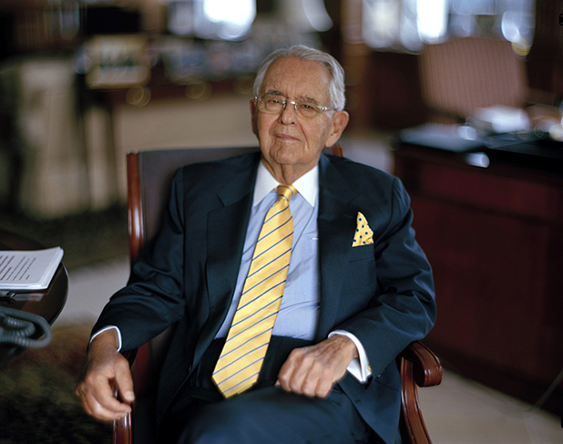 FILE -- Peter G. Peterson at his office in New York, April 1, 2011. Peterson, the billionaire financier and philanthropist who combined a spectacular career in industry and Wall Street with public policymaking and dogged advocacy of government fiscal prudence, died on March 20, 2018, at his home in Manhattan. He was 91. (Fred R. Conrad/The New York Times)