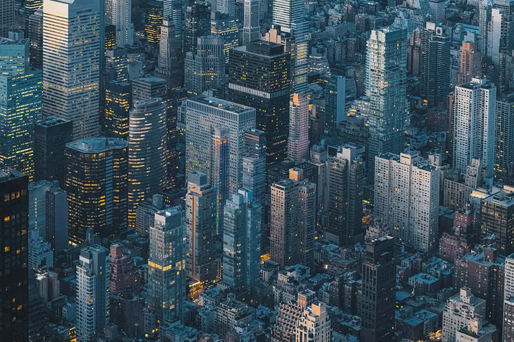 Aerial view of New York City skyline at night